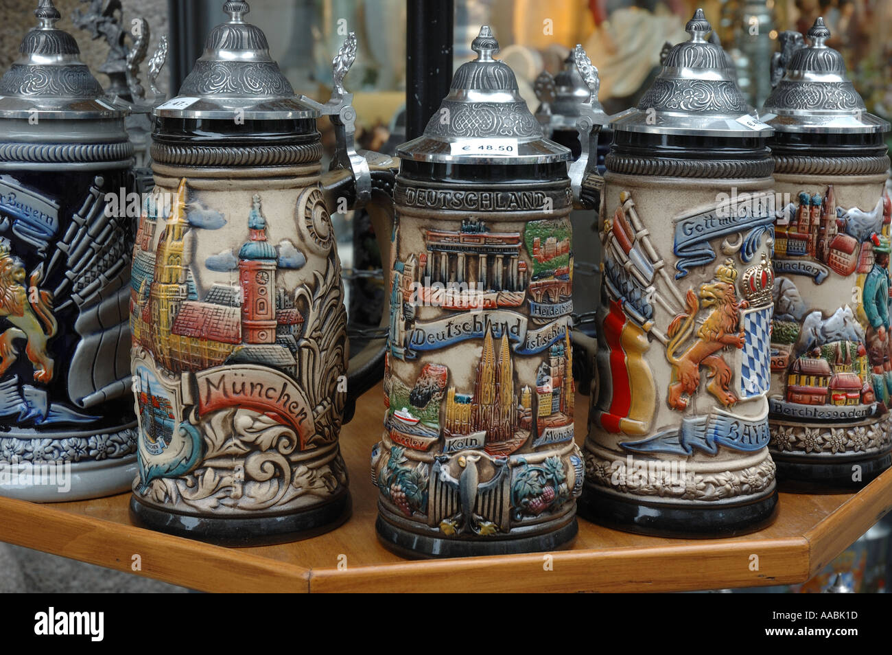 Beerjugs on sale in Munich souvenir shop Germany Stock Photo 4106012
