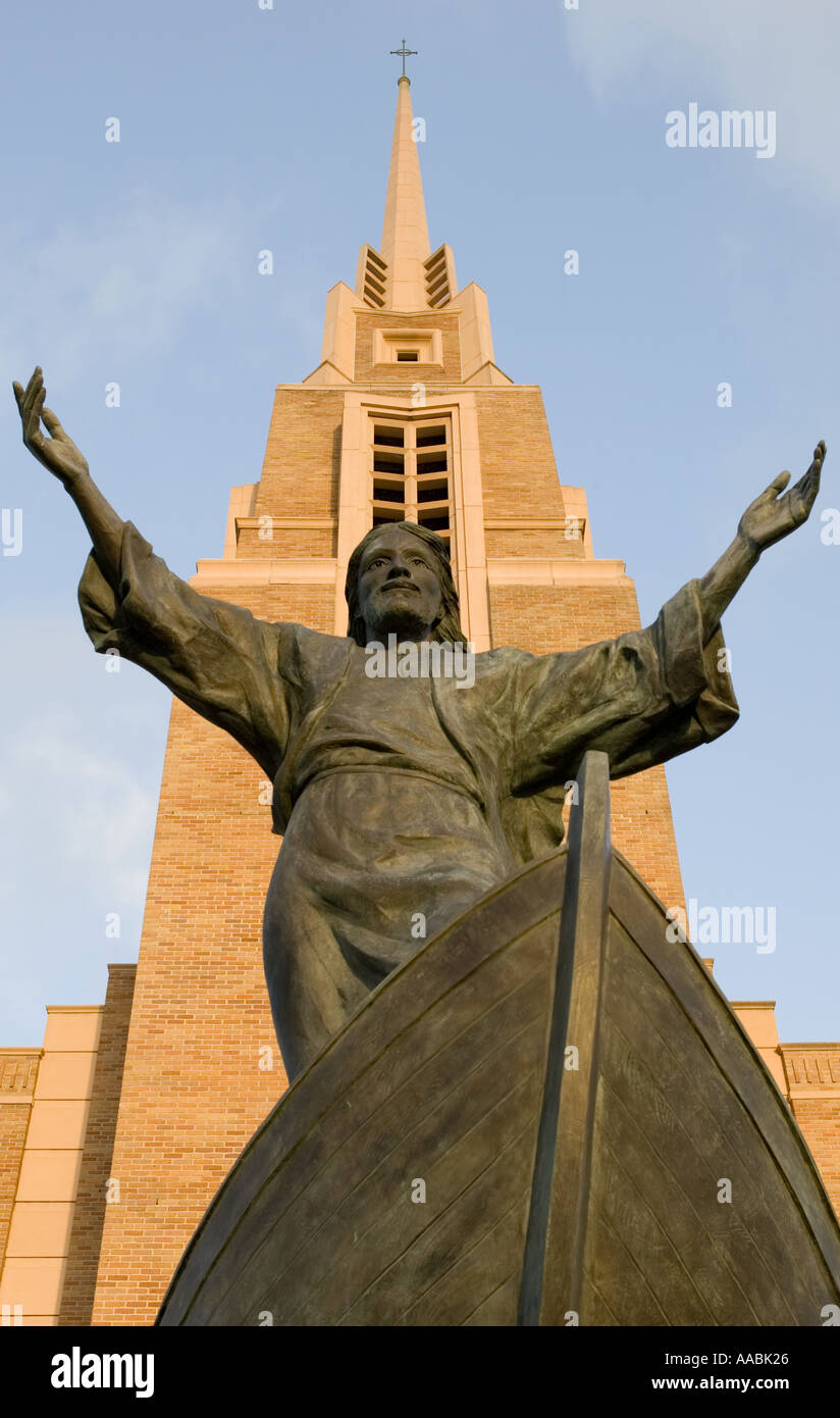 Sculpture by Kent Ullberg depicting Jesus in front of the First United Methodist Church in Corpus Christi Texas Stock Photo