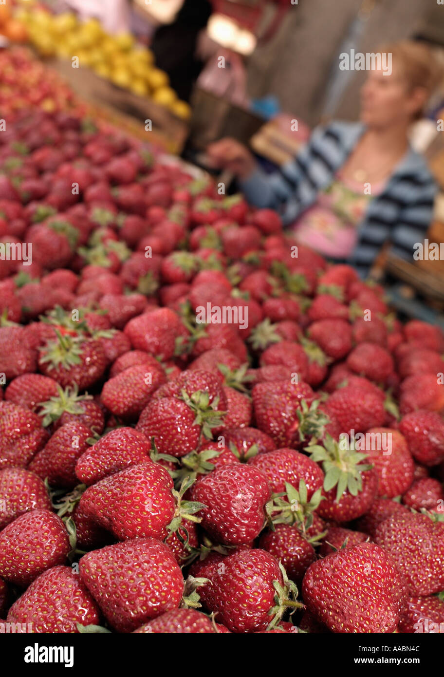 Fresh Strawberries for Sale on a Market Stall Stock Photo
