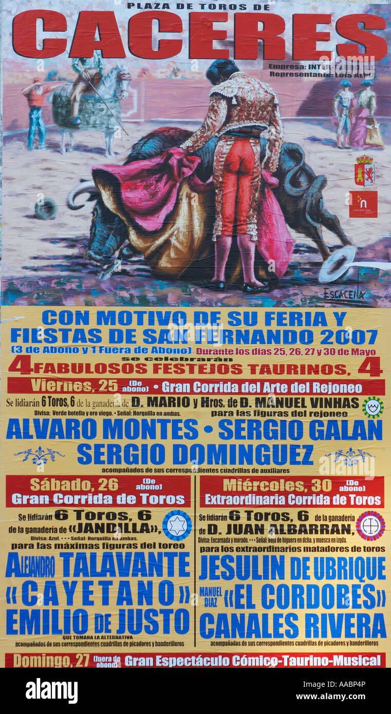 Bullfighting poster, Plaza Mayor, Caceres, Extremadura, Spain. Stock Photo