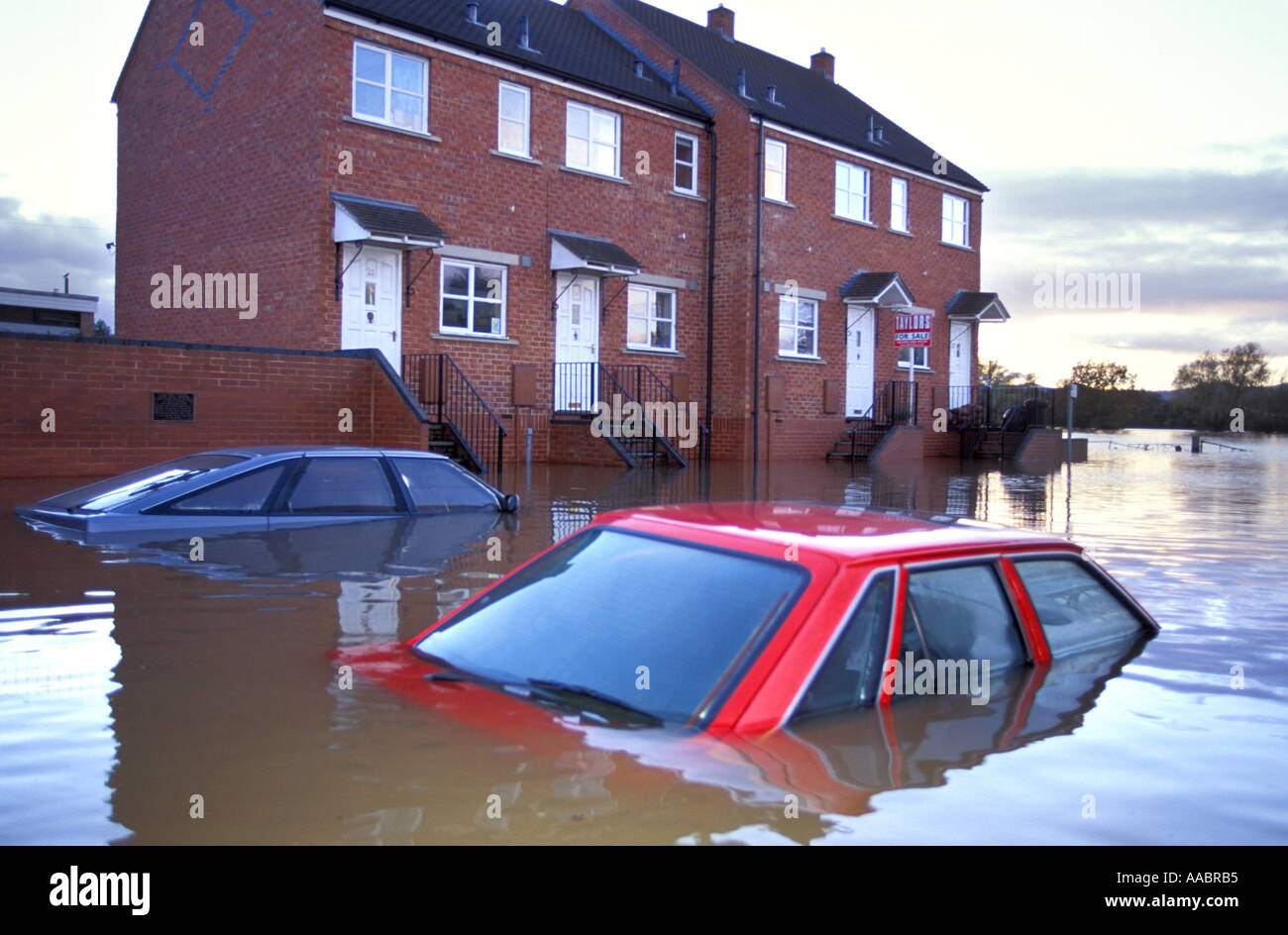 Flooded cars and houses in Upton Upon Severn Worcestershire after the