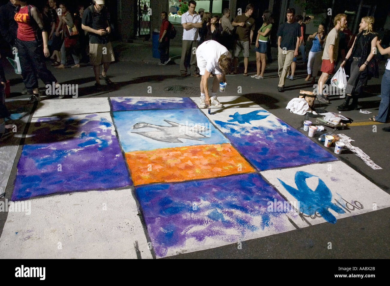 Night street painting during Nuit Blanche festival on Mont Royal street