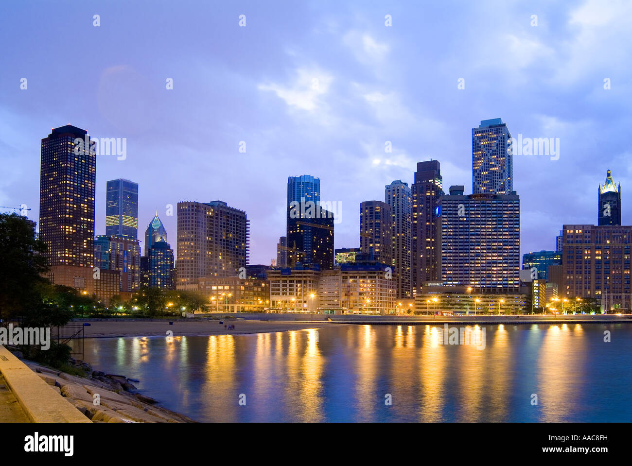 Chicago Skyline Buildings Twilight Night , USA Stock Photo