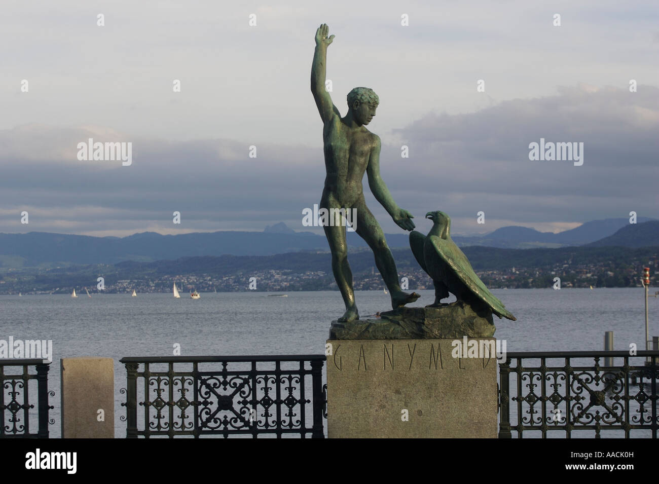 Ganymed statue in front of the Zurich Lake at the Brueckli Square in Zurich, Switzerland Stock Photo