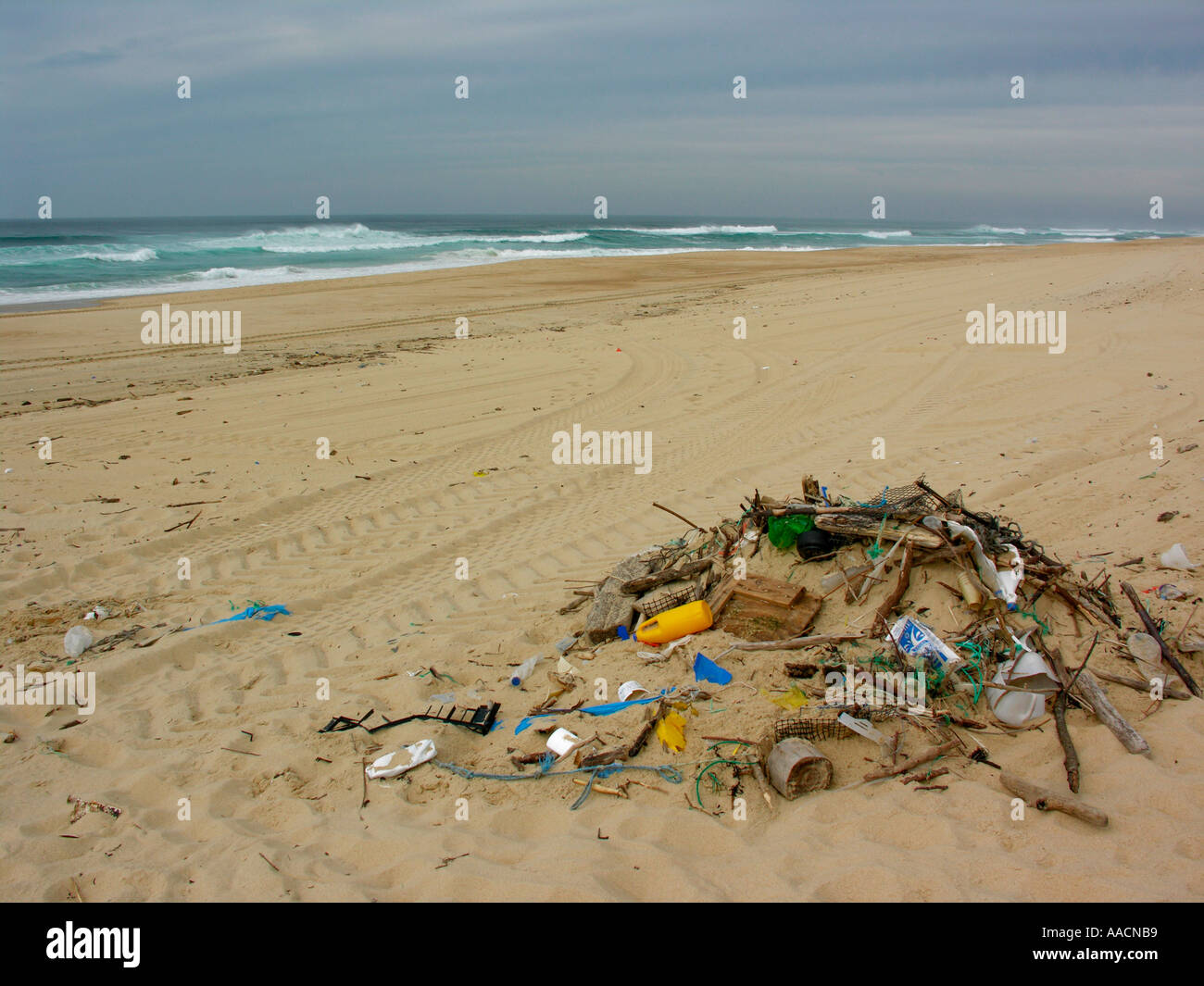 gleaned trash rubbish at the beach of Atlantic ocean in France Stock Photo