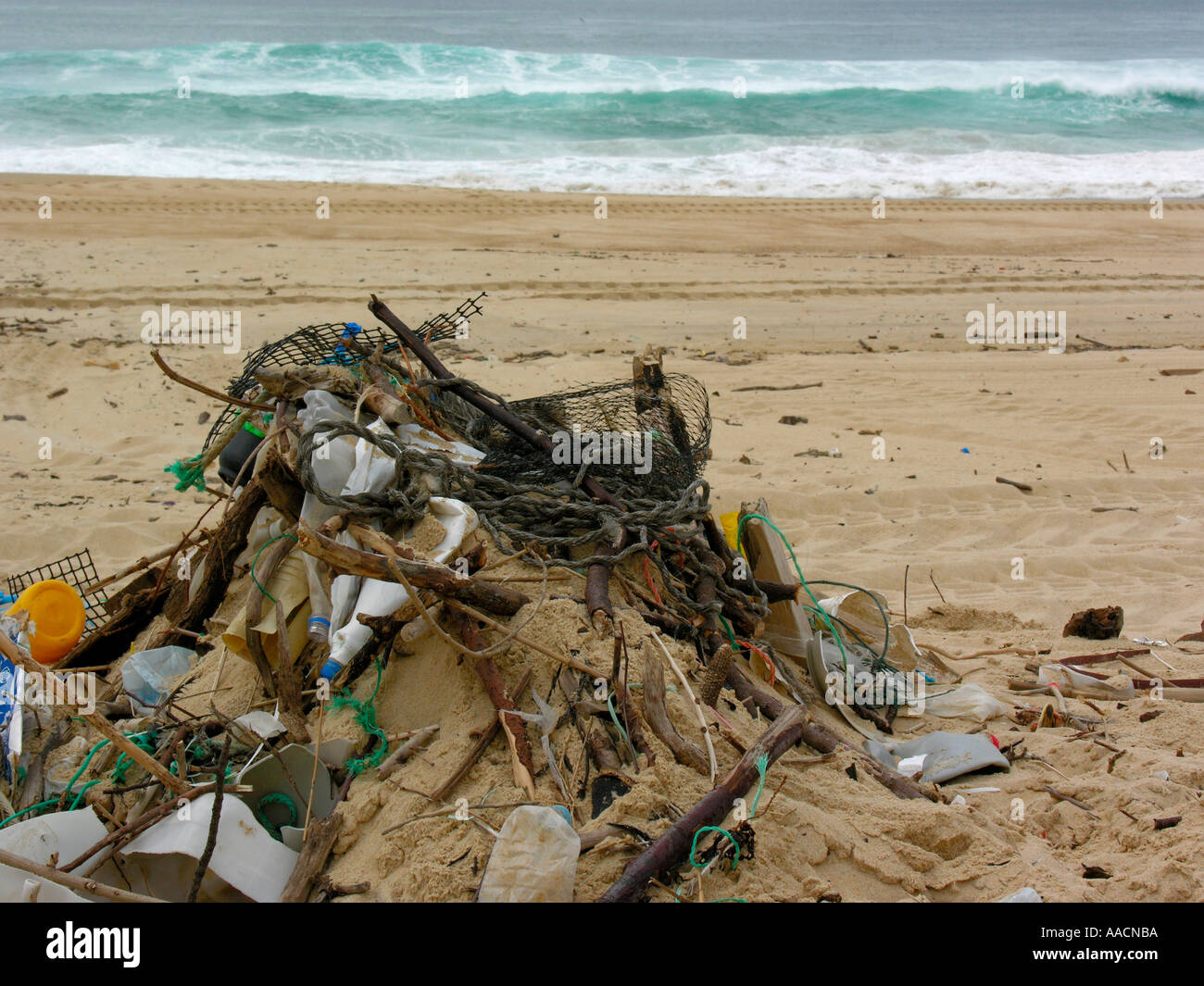gleaned trash rubbish at the beach of Atlantic ocean in France Stock Photo