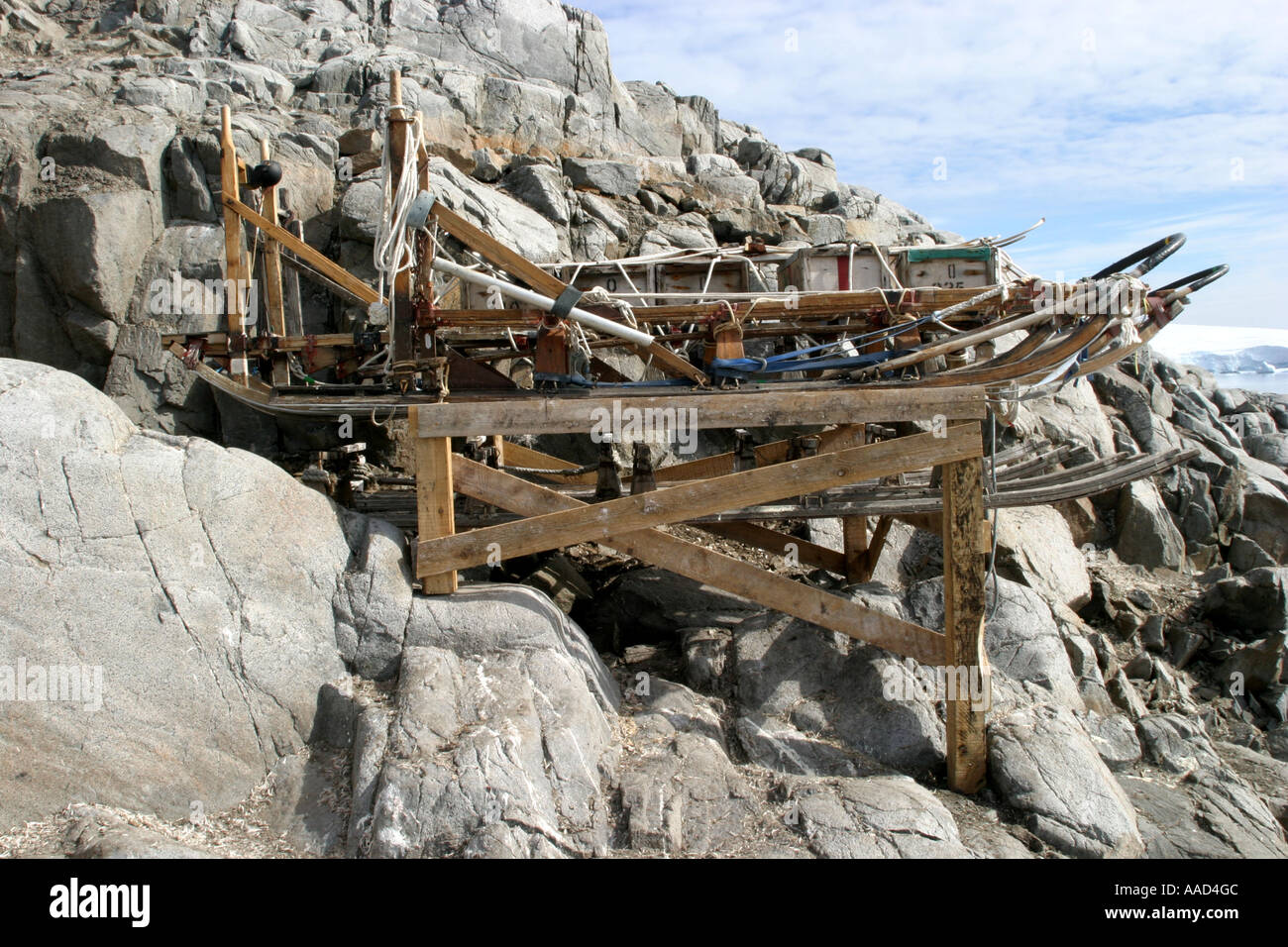 Historic sledges at Port Lockroy base on Wiencke Island Antarctica Stock Photo