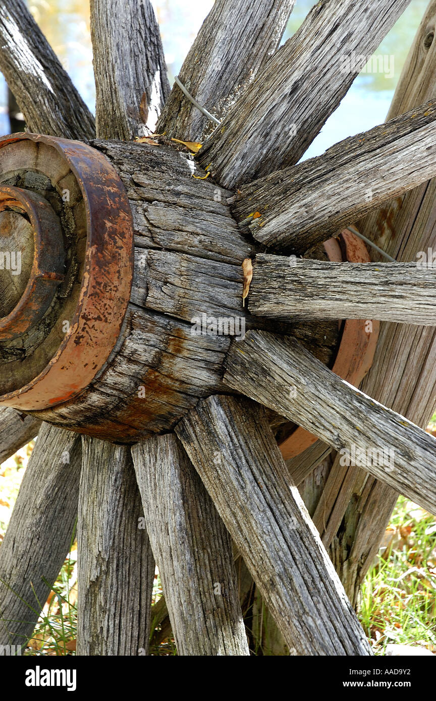 weathered wagon wheel Stock Photo