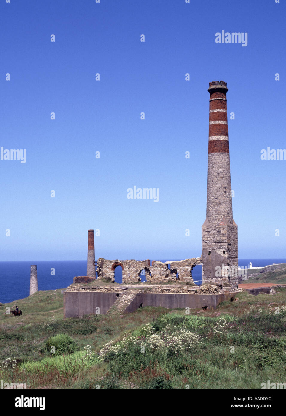 Cornwall coastline ruins Levant industrial heritage steam engine site & remains of ruined historical tin mine building with chimney shaft England UK Stock Photo