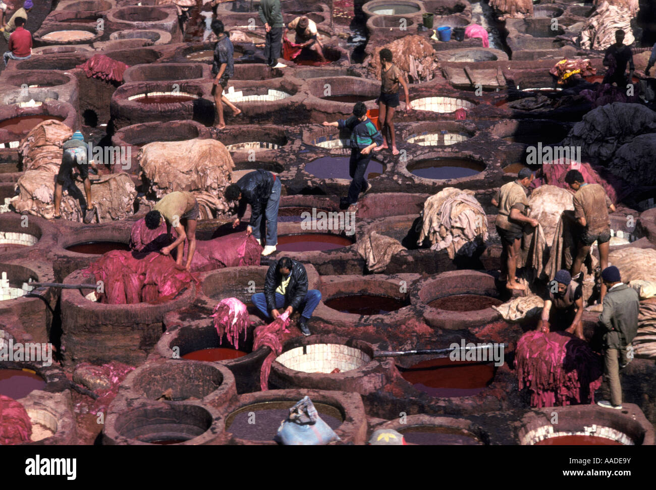 The leather tanning pits in Fez Morocco Stock Photo