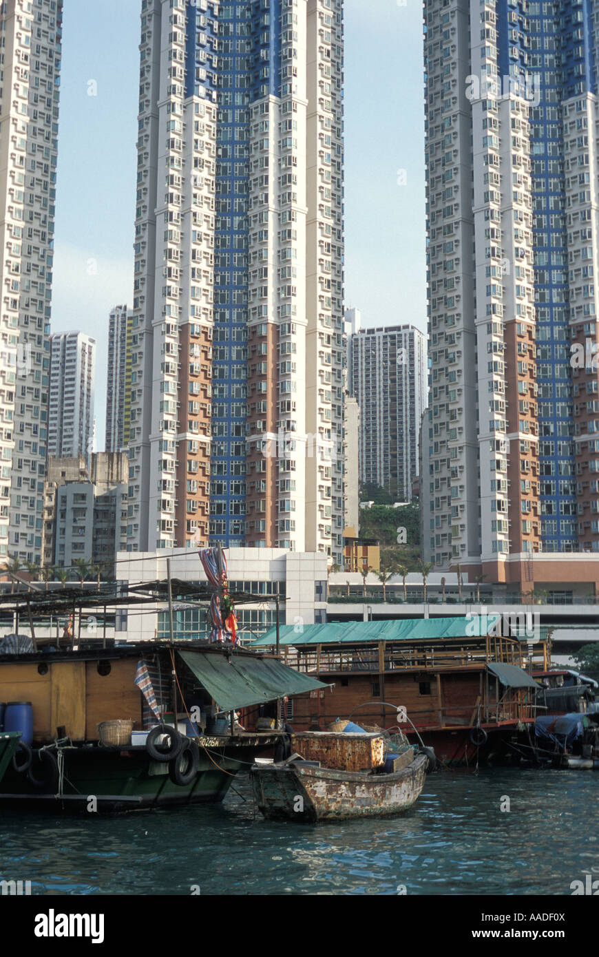 Aberdeen Harbour and towering apartments Hong Kong 2001 Stock Photo Alamy