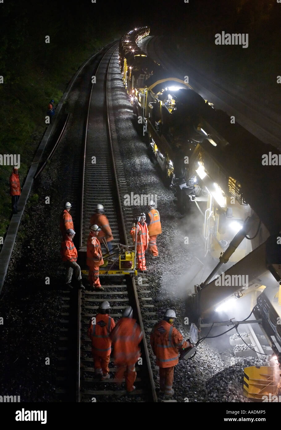 Railway workers supervising ballast cleaning machine Stock Photo Alamy