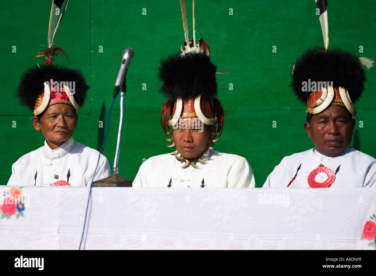 MYANMAR BURMA Sagaing Division Lahe village Naga New Year Festival Dignaitaries making speeches Stock Photo