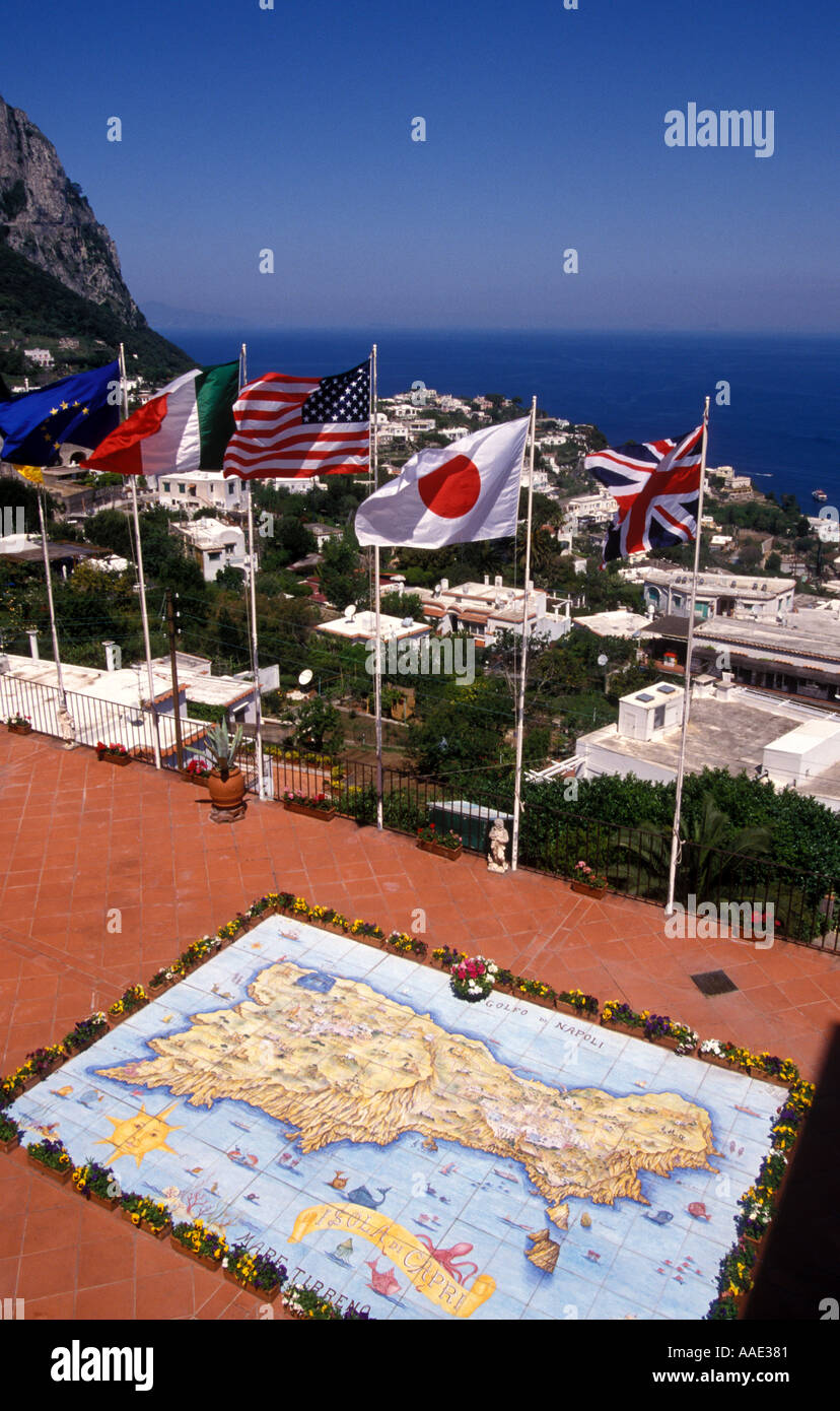 Italy Campania Island of Capri ceramic tile map of Capri on terrace Stock Photo