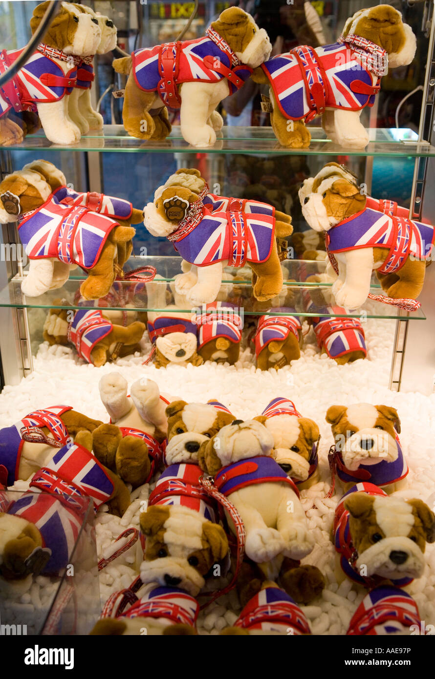 British bulldog soft toys in a display case in an amusement arcade. Stock Photo