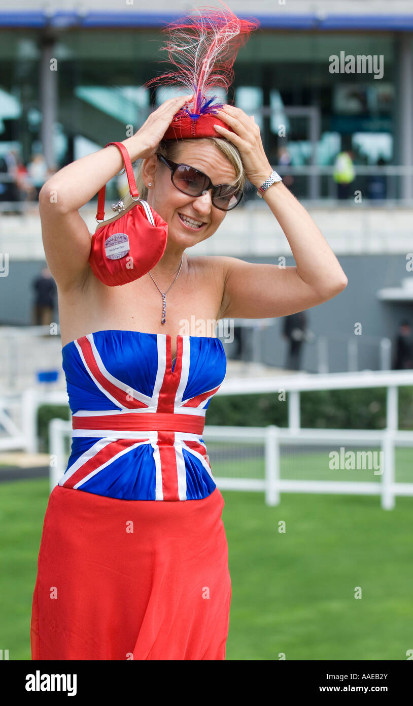 Woman wearing an union jack corset on Ladies day at Royal Ascot Stock Photo