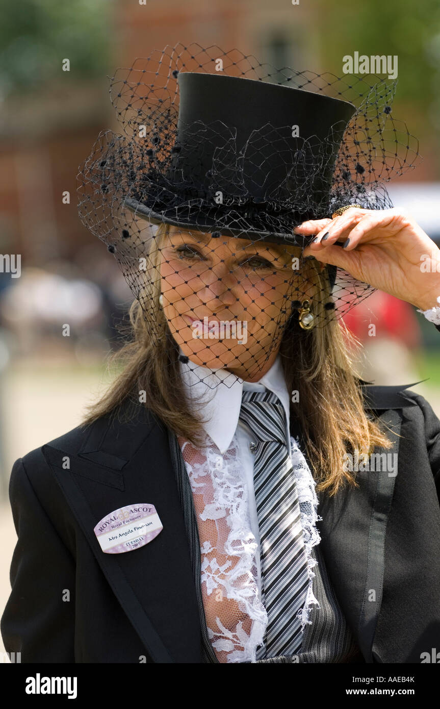 Young woman wearing a tuxedo on Ladies day at Royal Ascot Stock Photo