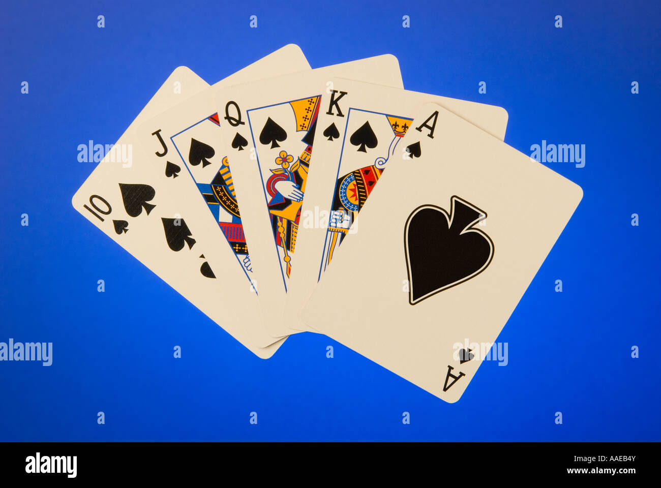 Create an artistic representation of a royal flush, the highest-ranking  hand in poker, using vibrant colors and intricate details. showcase the  five cards (ace, king, queen, jack, and ten) from a single