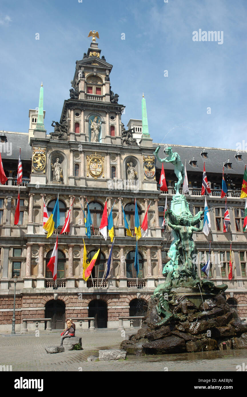 Antwerp Town hall and fountain Stock Photo Alamy