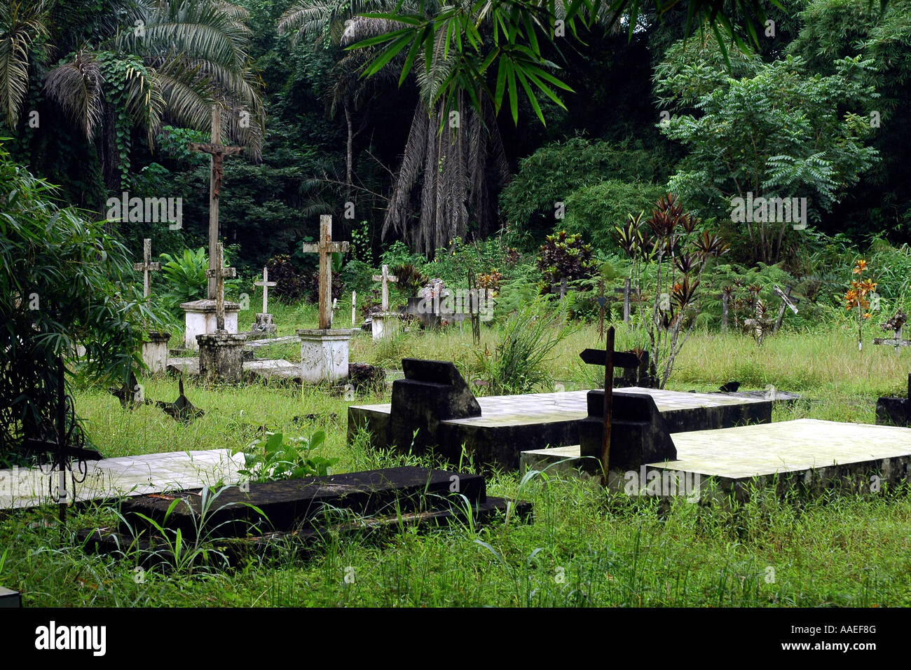 The cemetery of the 19th-c St Anne Mission in Fernan Vaz lagoon, coastal Gabon Stock Photo