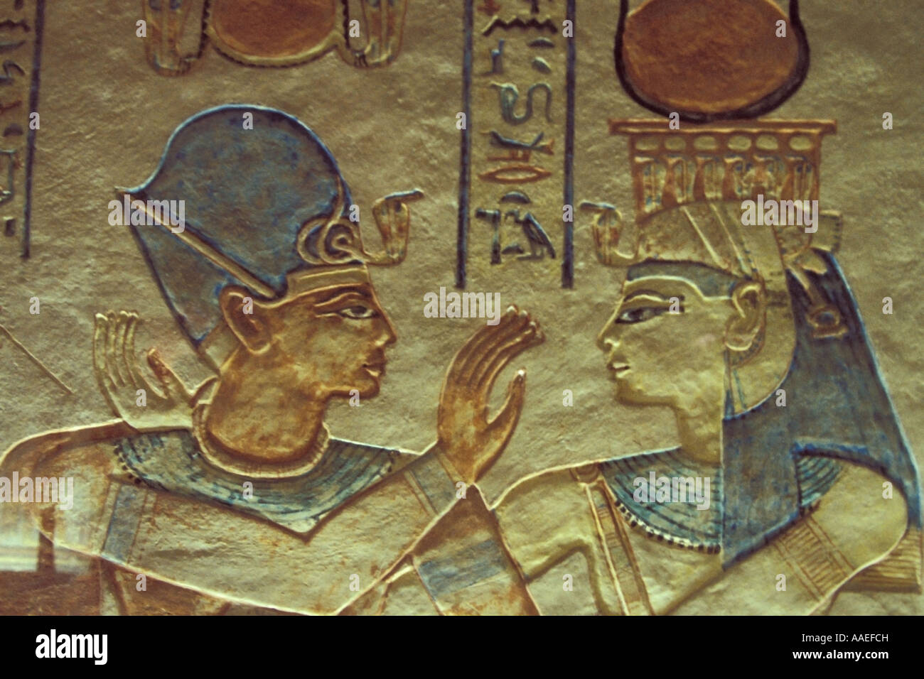 Colorful Reliefs in the Tomb of Prince Amonchopshfu, Valley of the Queens, Luxor, Egypt Stock Photo