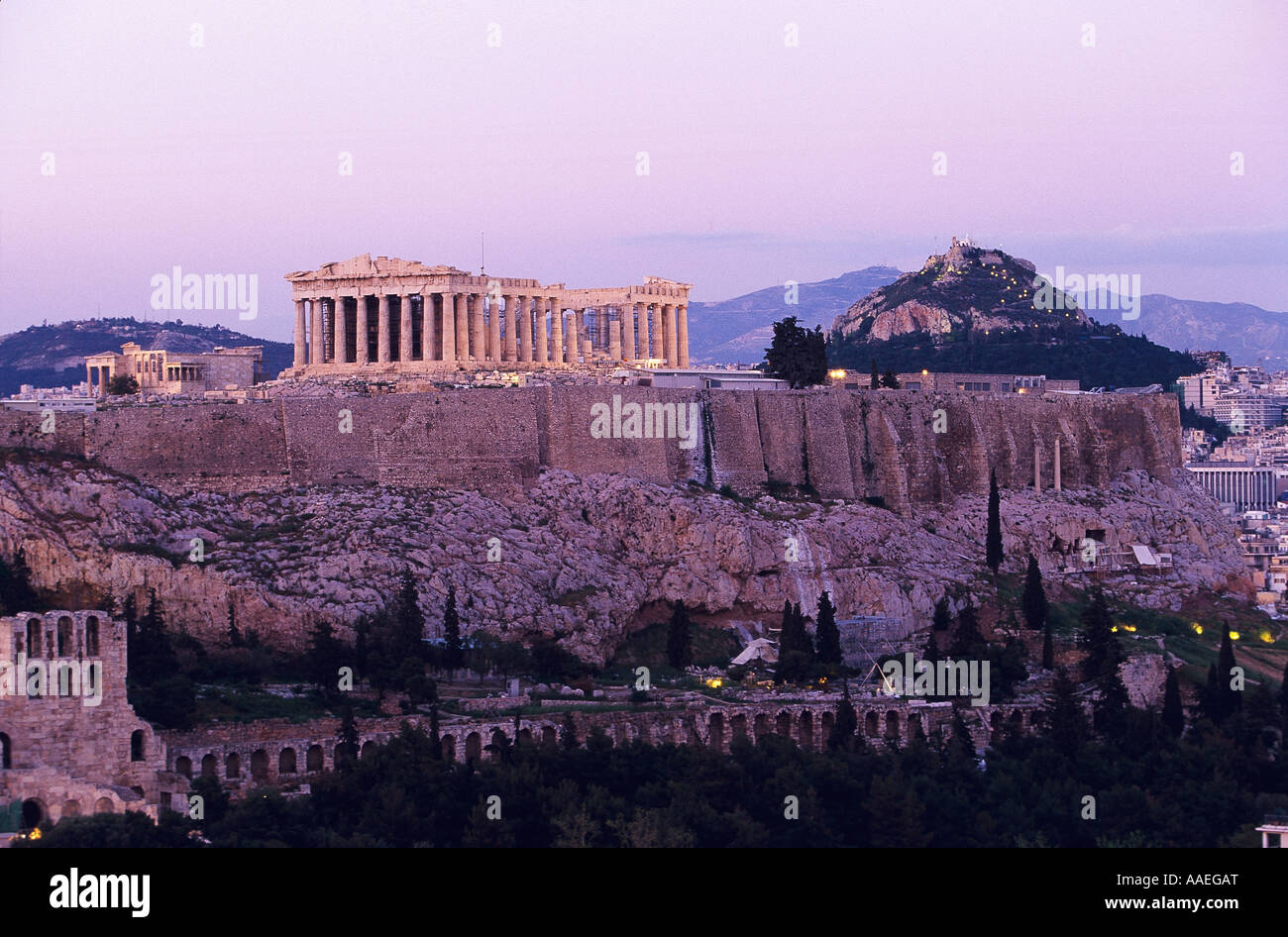 Parthenon Acropolis Lycabetus Hill view from Philopappos Hill Athens Greece Stock Photo