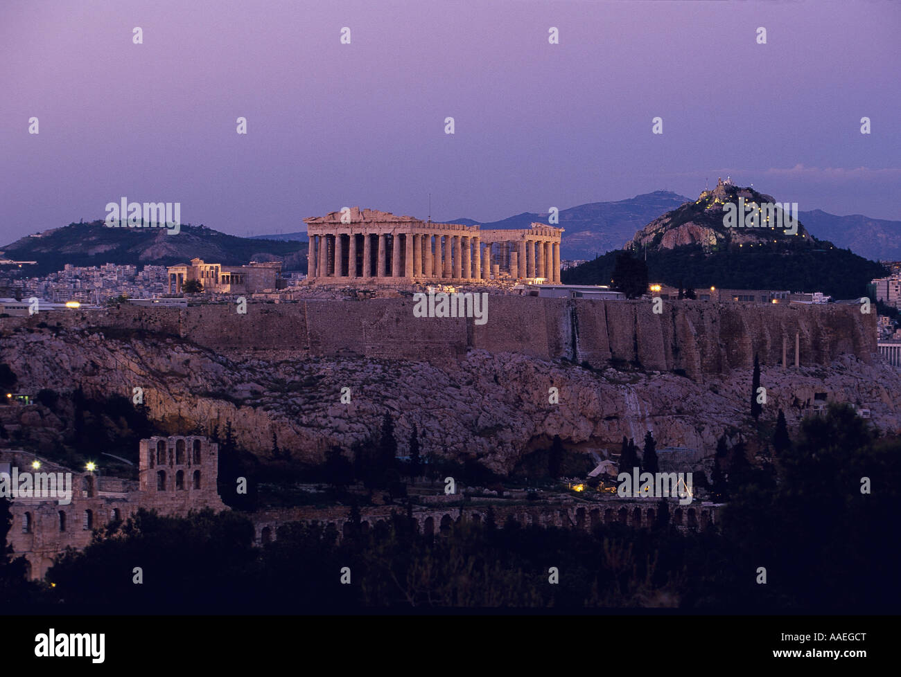 Acropolis by night view from Philopappos Hill Athens Greece Stock Photo