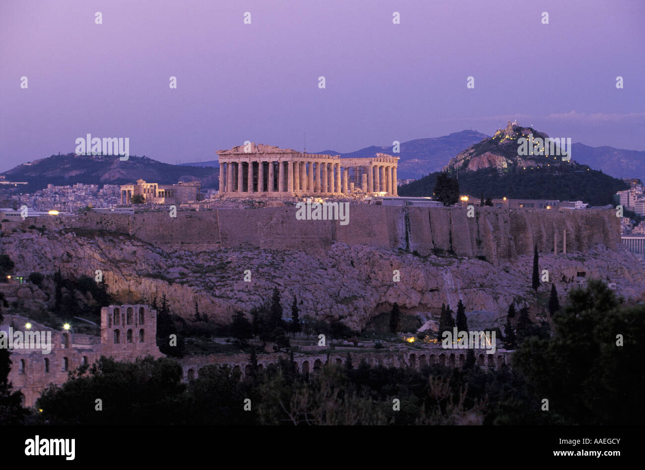 Parthenon Acropolis Lycabetus Hill view from Philopappos Hill Stock Photo