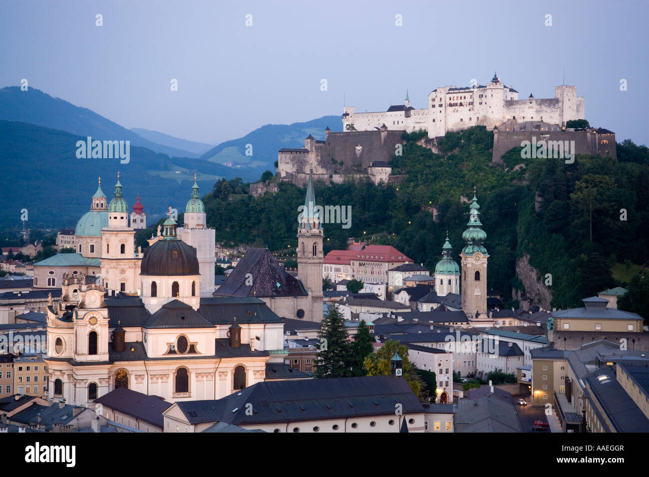 View over Salzburg with Hohensalzburg Cathedral Franciscan Church St ...