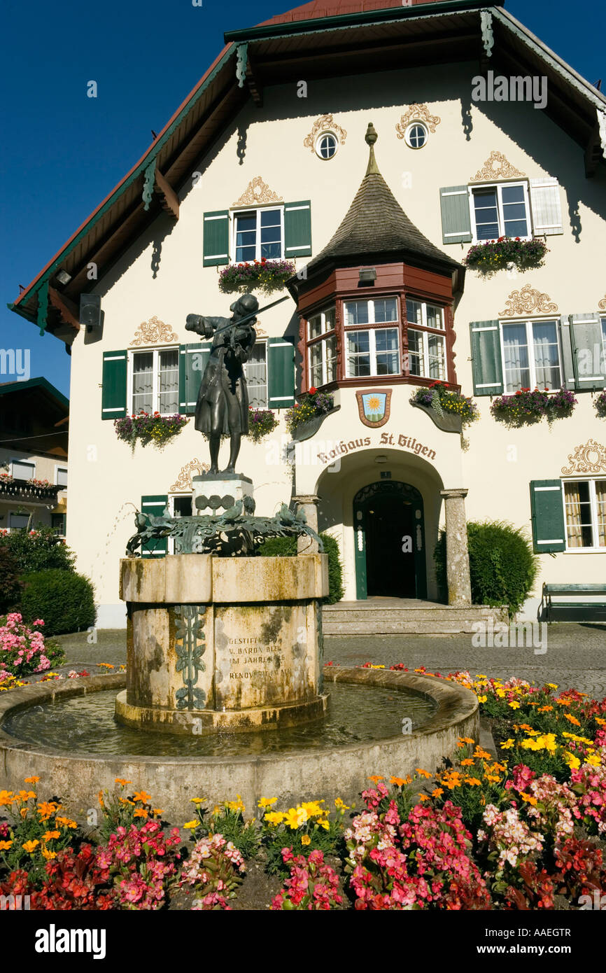 Mozart fountain on Mozart Square in front of the city hall St Gilgen Salzkammergut Salzburg
