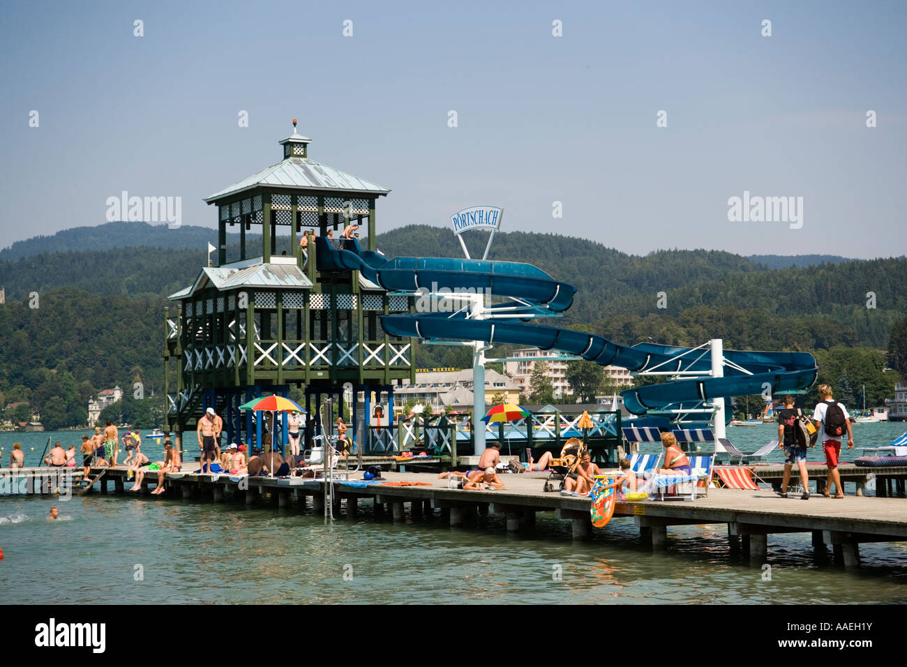 People relaxing in the Promenadenbad Portschach Worthersee biggest lake of Carinthia Carinthia Austria Stock Photo