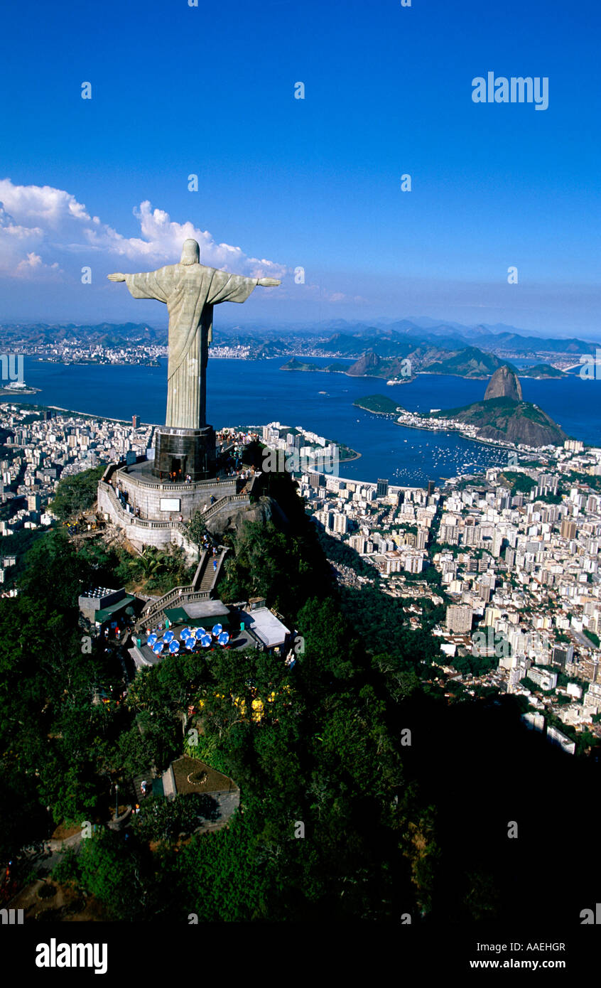 Christ the Redeemer statue and Sugarloaf Mountain Pao de Acucar Rio de Janeiro Rio de Janeiro Brazil Stock Photo