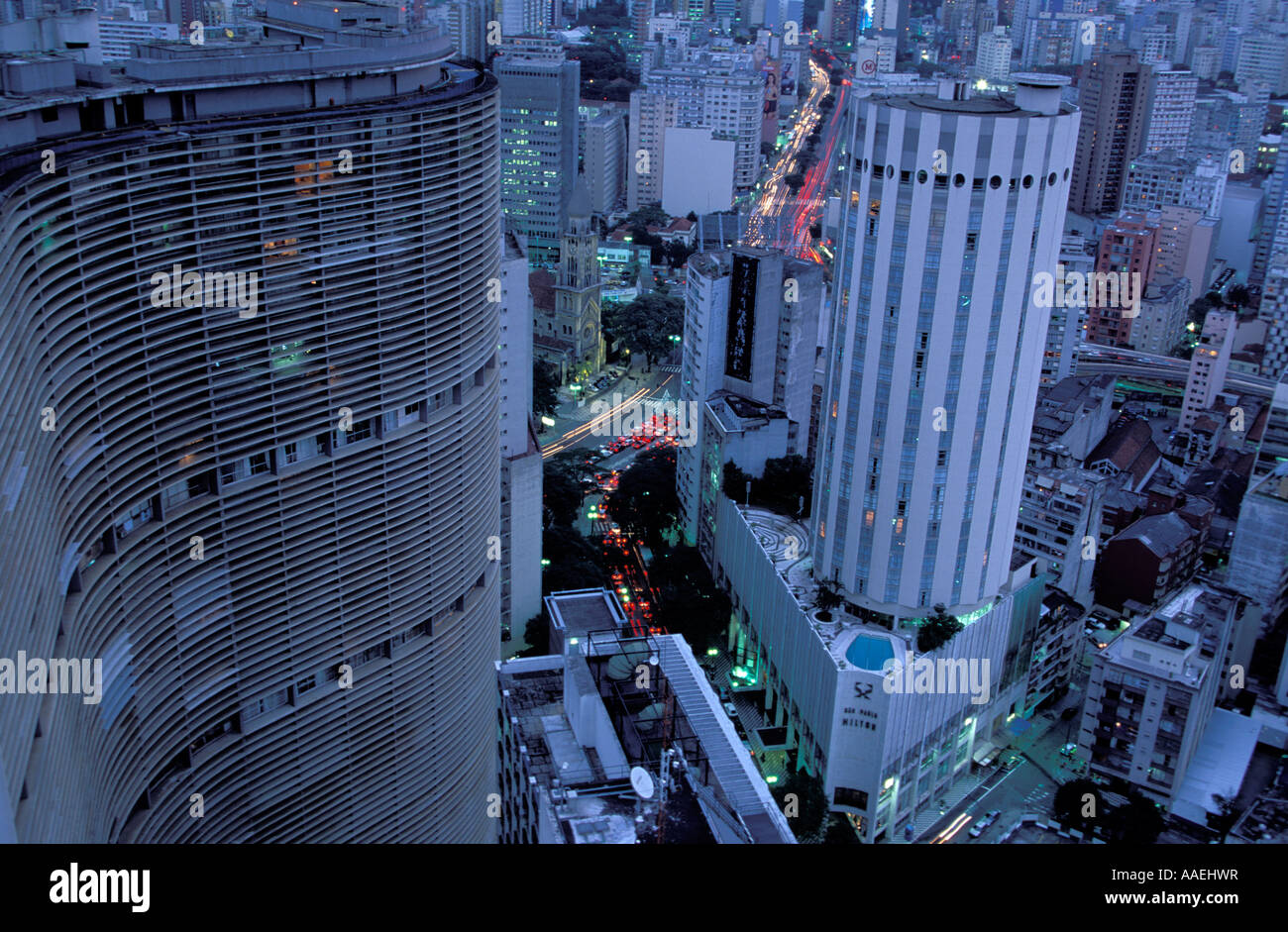 View from Edificio Italia on Sau Paulo down town On the left the famous Copan Building by Oscar Niemeyer Sao Paulo Brazil Stock Photo