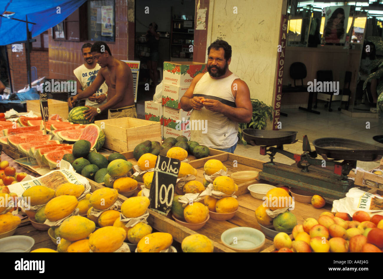 Fruiterers on sunday market Favela Rocinha Rio de Janeiro Rio de Janeiro State Brazil Stock Photo