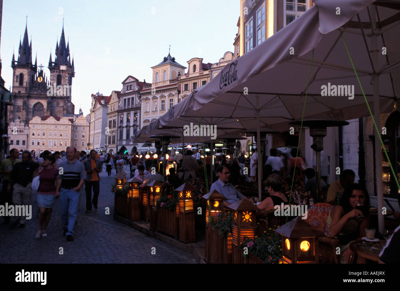 Old Town Square with pavement cafe and Church of Our Lady in front of Týn Prague Czech Republic Stock Photo