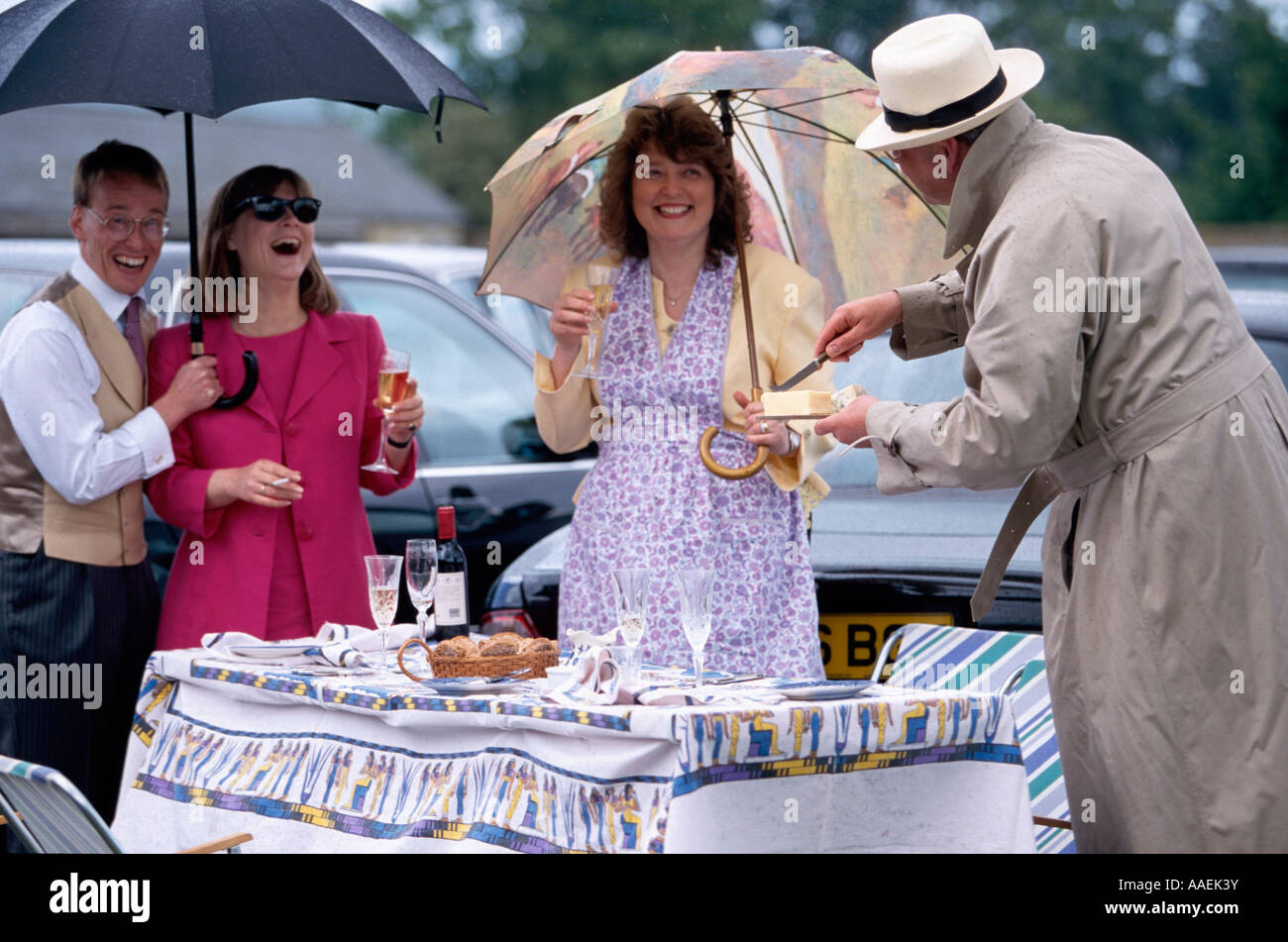A group of peopel having a picnic on Derby Day Epsom Horse Races Surrey