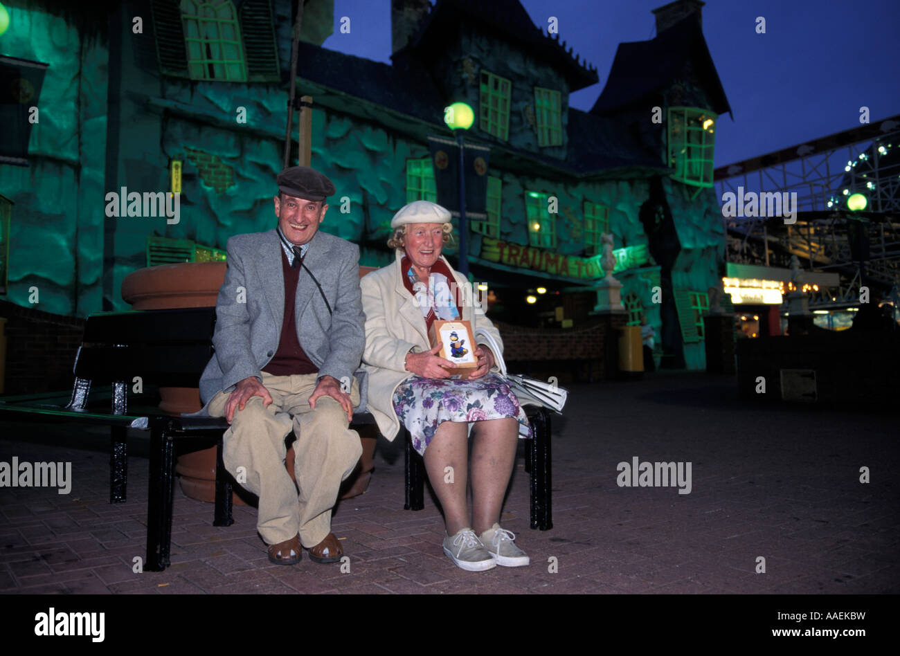 Old couple enjoying a night out at Blackpool Amusement Park Blackpool