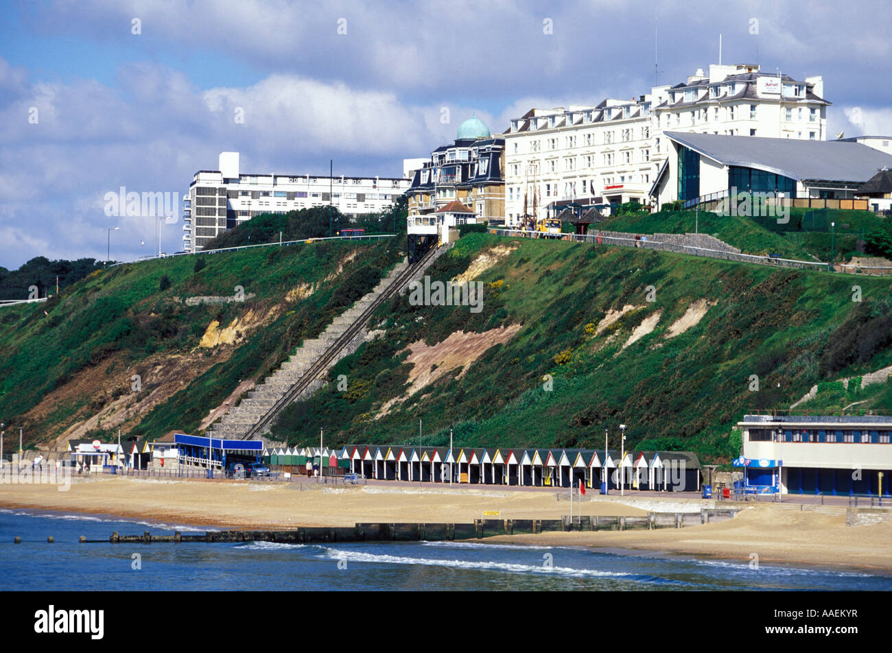 View over beach and hotels on cliffs of Bournemouth Dorset England United Kingdom Stock Photo