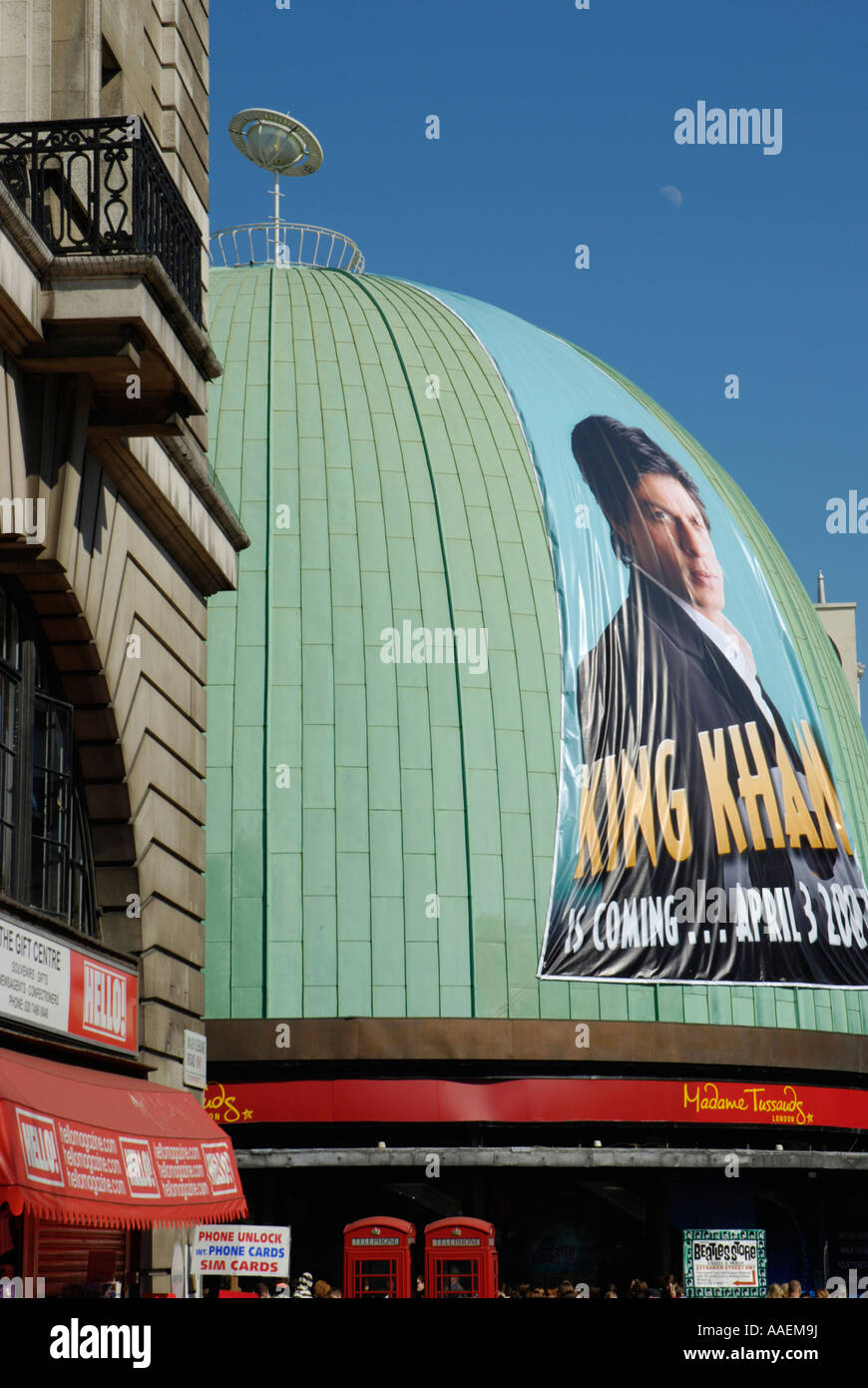 Billboard advertising Shahrukh Khan wax model on exterior of Madame Tussauds in Marylebone Road London England Stock Photo
