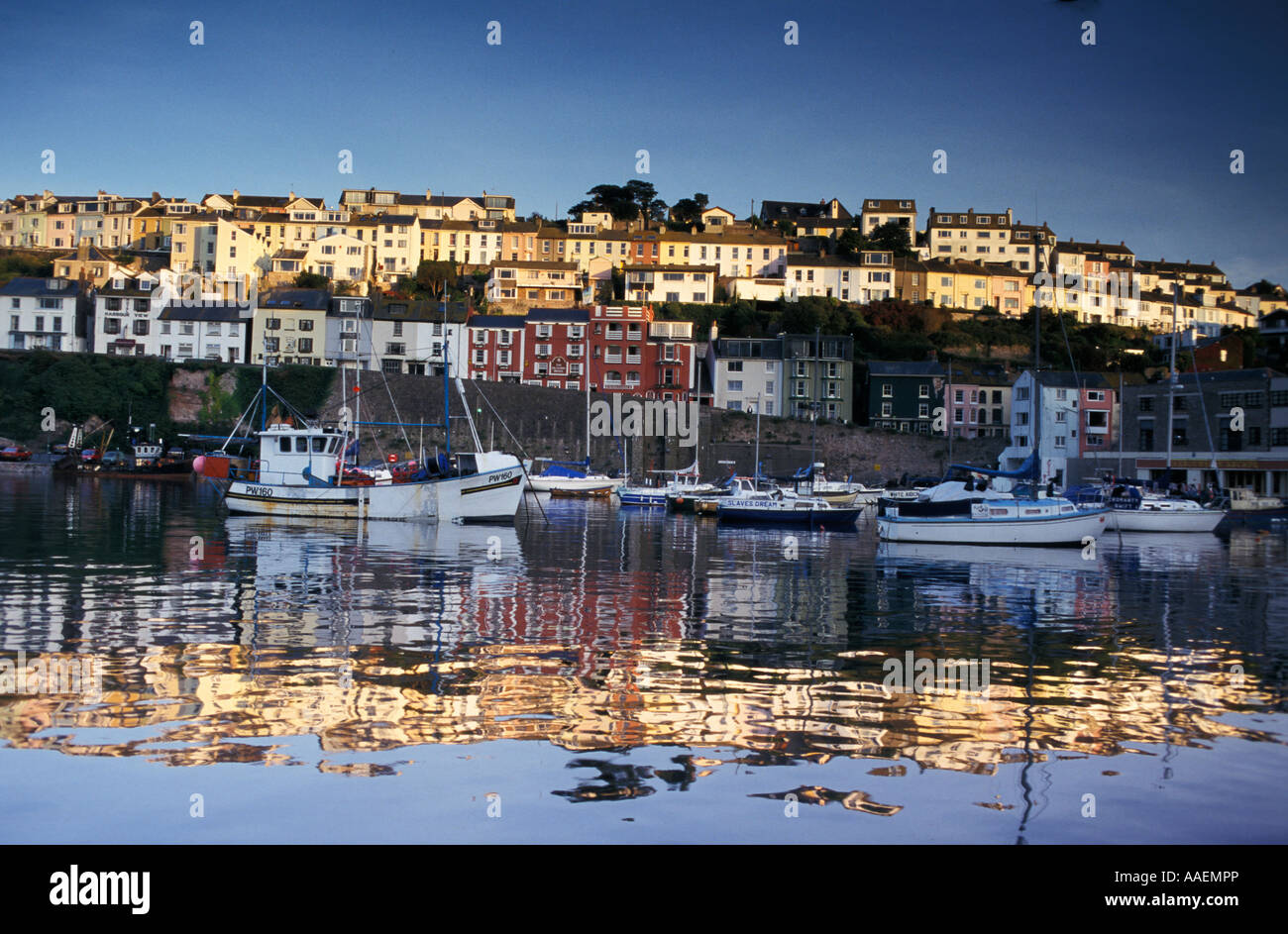 View over harbour with boats Brixham Devon England United Kingdom Stock Photo