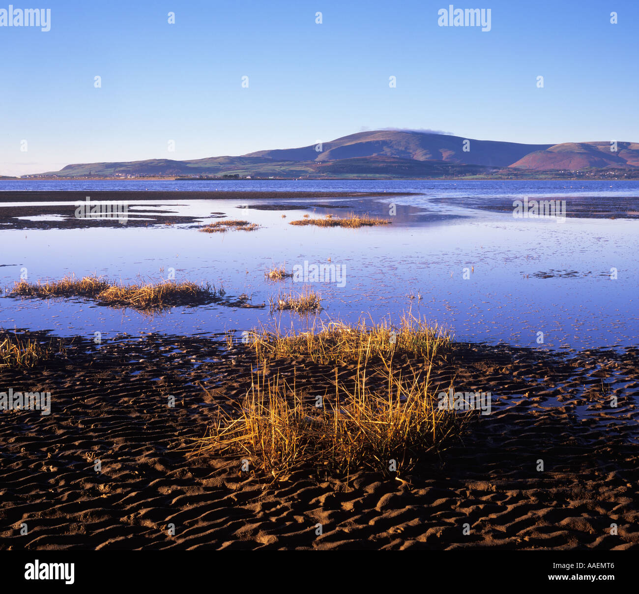 Millom and Black Combe from the shore at Askam in Furness Cumbria Stock