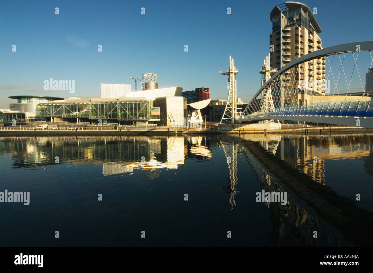 Morning light on Salford Quays and the Lowry Centre Greater Manchester Stock Photo