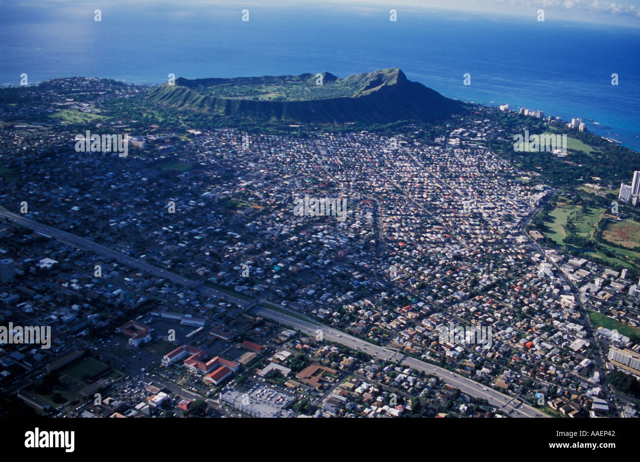 Aerial of H 1 freeway Waialae Kaimuki Diamond Head Kapiolani Park upper