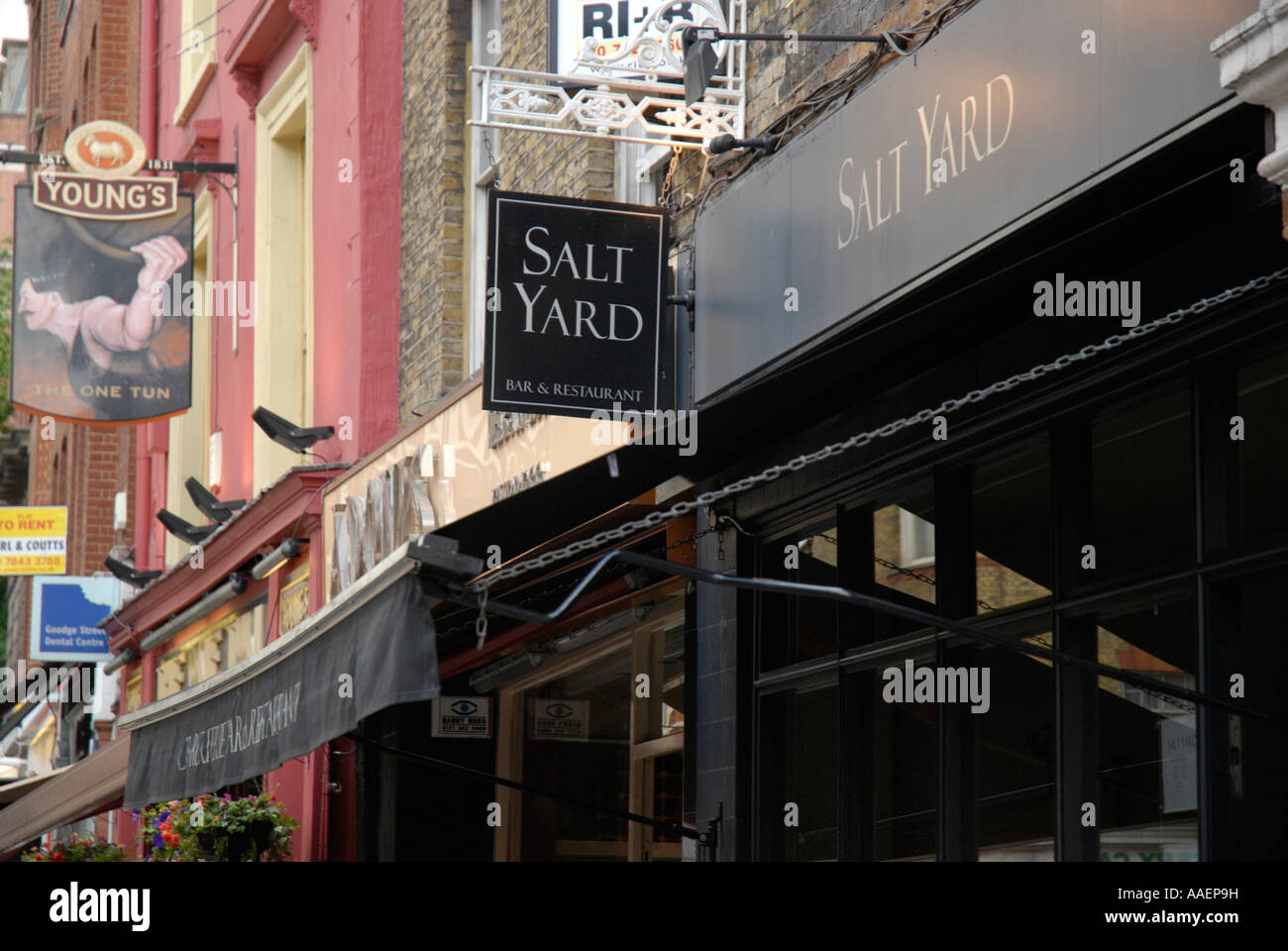 Goodge Street showing Salt Yard bar restaurant London England Stock Photo
