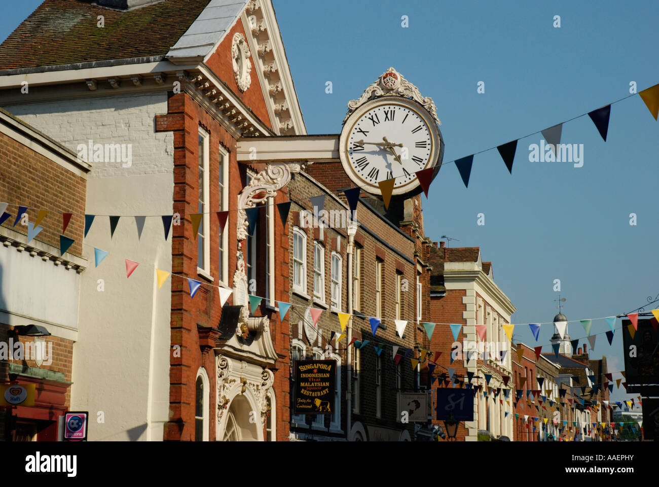 The Old Corn Exchange and clock, High Street Rochester Kent Stock Photo