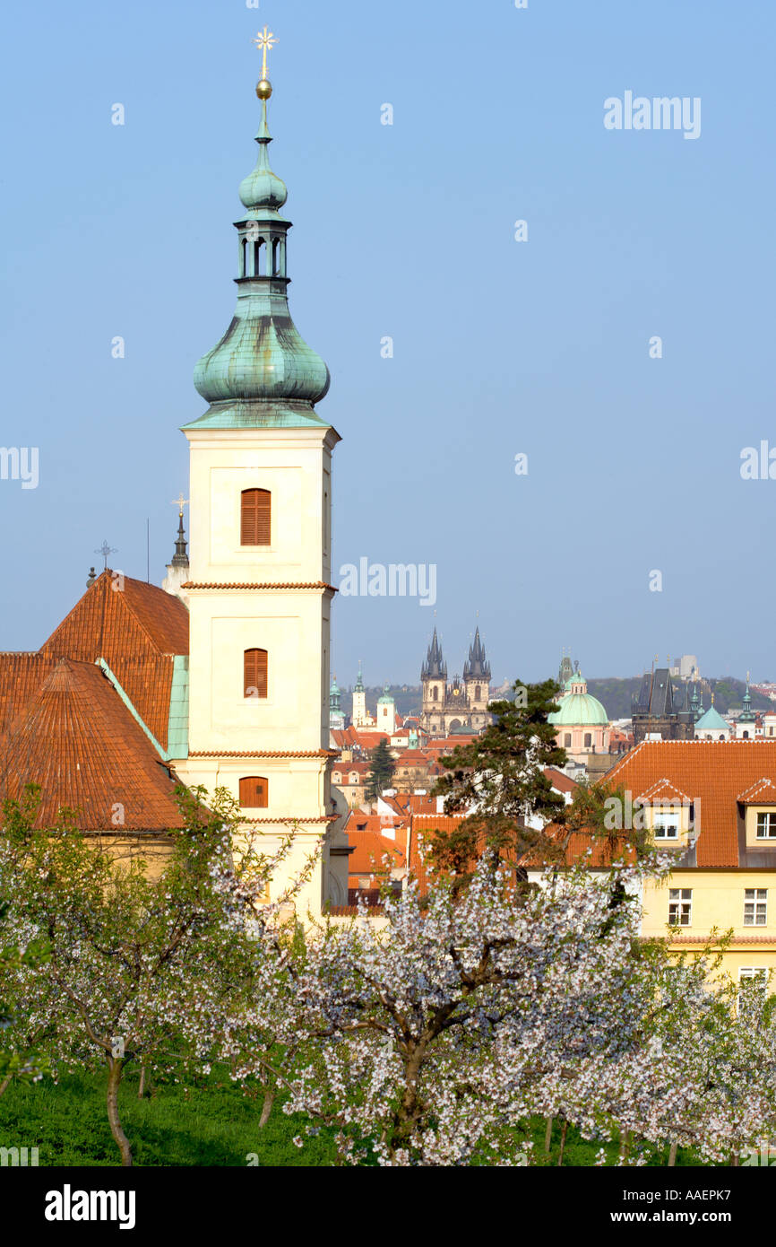 CZECH REPUBLIC PRAGUE CHURCH OF OUR LADY VICTORIOUS OLD TOWN TOWERS IN BACKGROUND Stock Photo