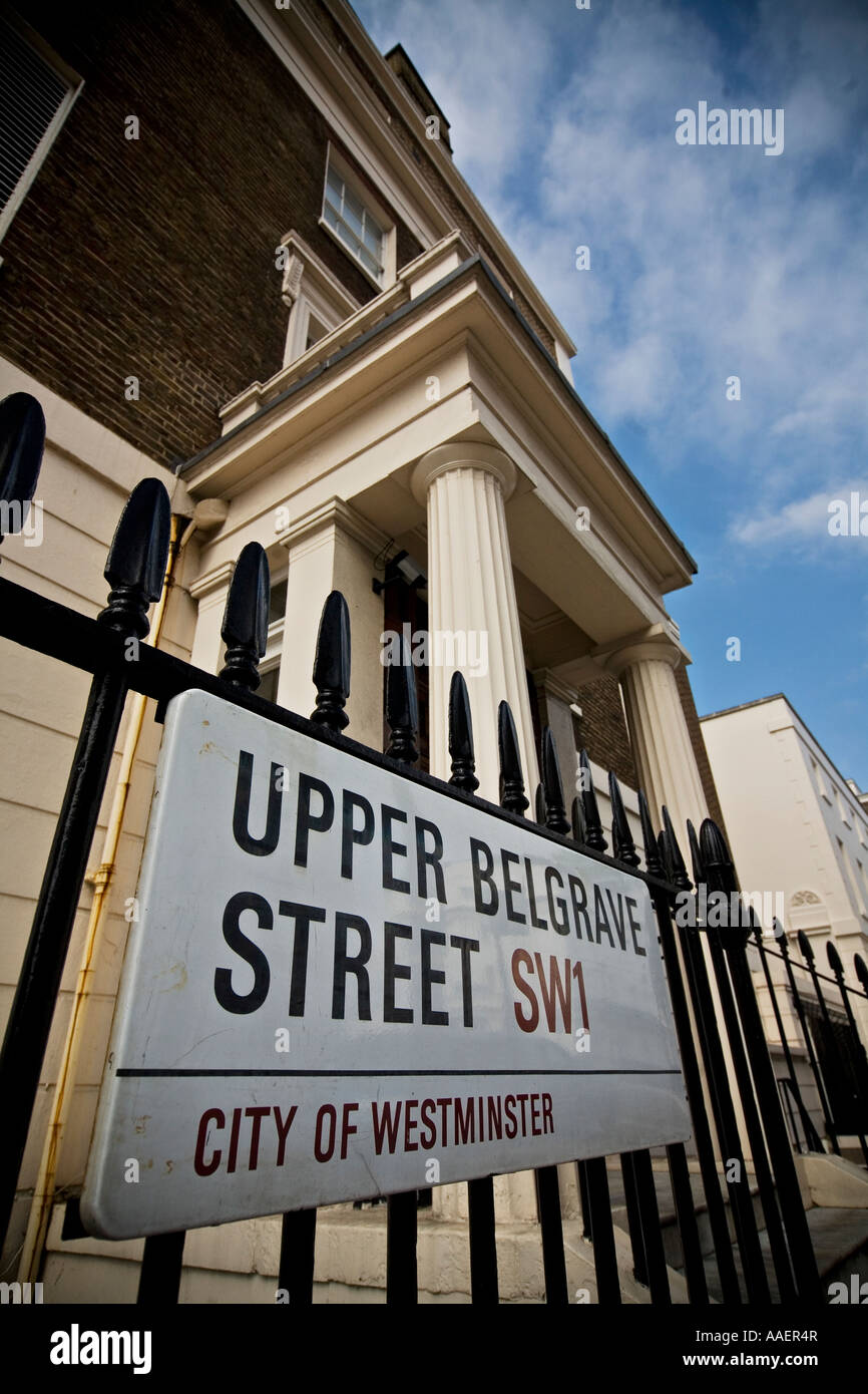 Upper Belgrave Street sign Belgravia exclusive area of London SW1 Stock