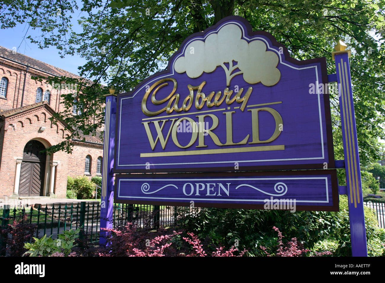 Sign outside Cadbury World a popular tourist attraction at the Cadbury chocolate factory Bournville Birmingham UK Stock Photo