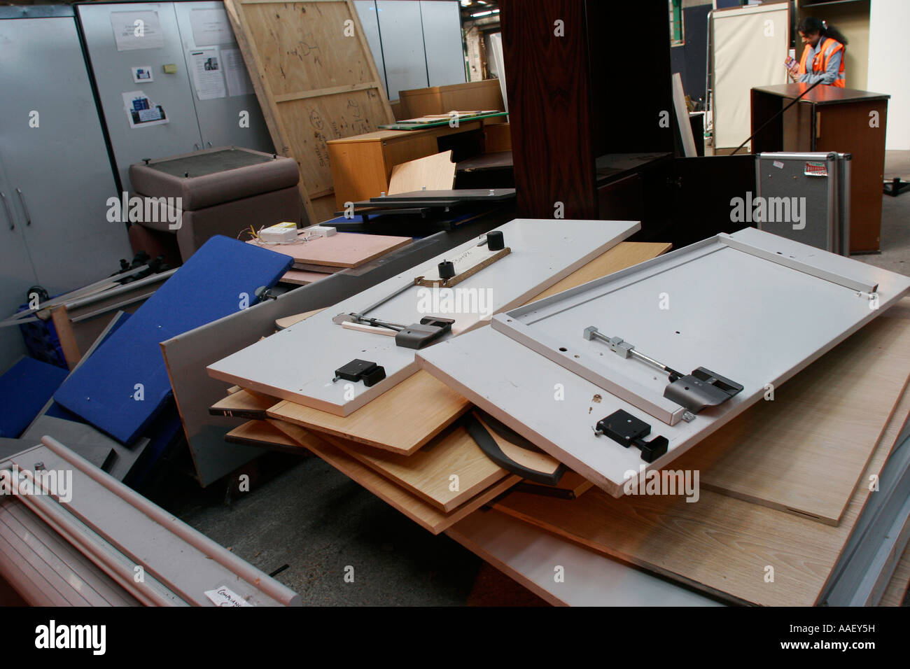 Used Office furniture in warehouse for recycling Stock Photo Alamy