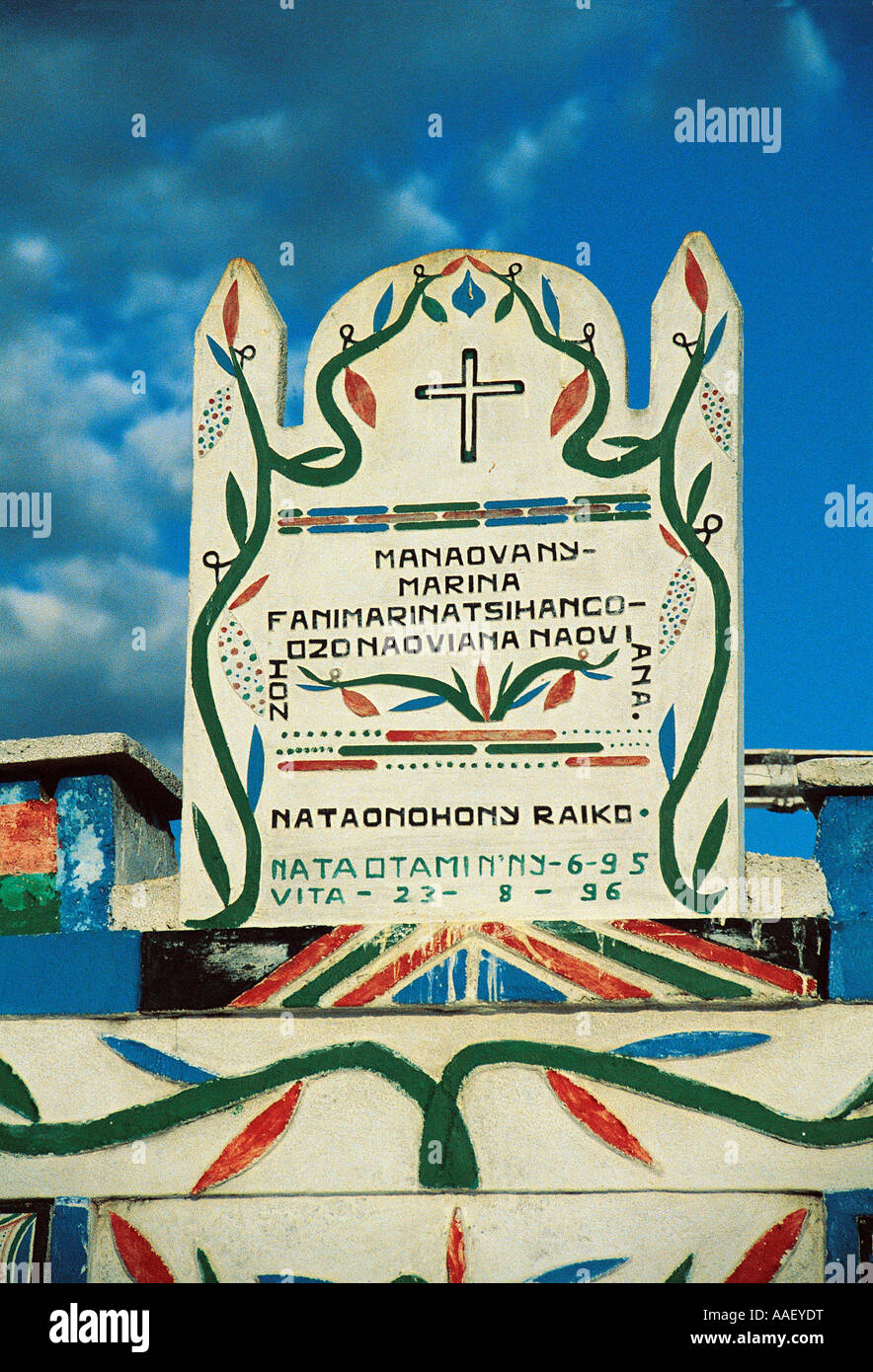 Inscription on decorated family tomb on hillside near Ambalavao Central Madagascar Stock Photo